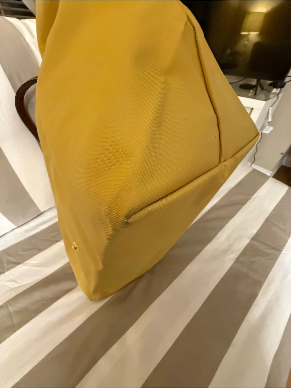 Longchamp Nylon Tote in Mustard Yellow with Brown Leather Trim